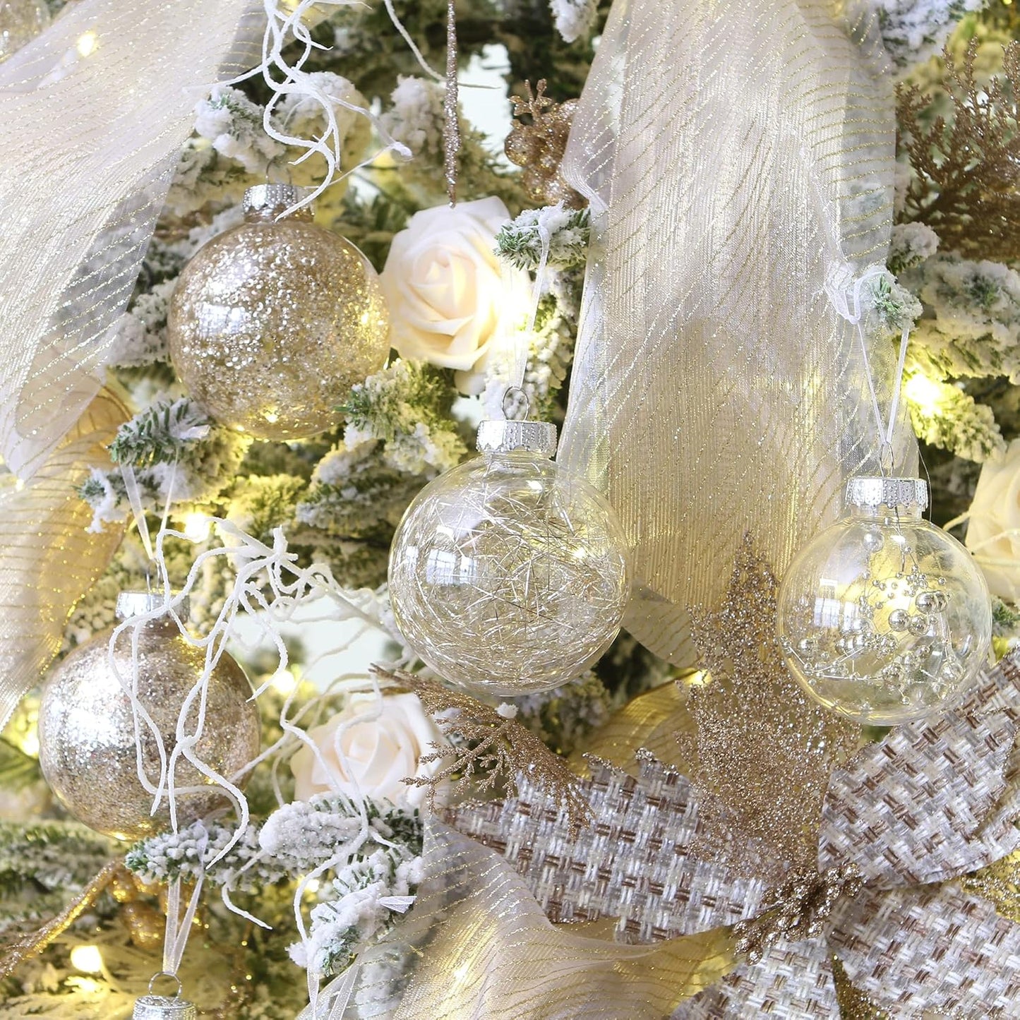 Sea Team Shatterproof Clear Plastic Christmas Ball Ornaments Decorative Xmas Balls Baubles Set with Stuffed Delicate Decorations (100mm/3.94 inch 16-Pack, Champagne)