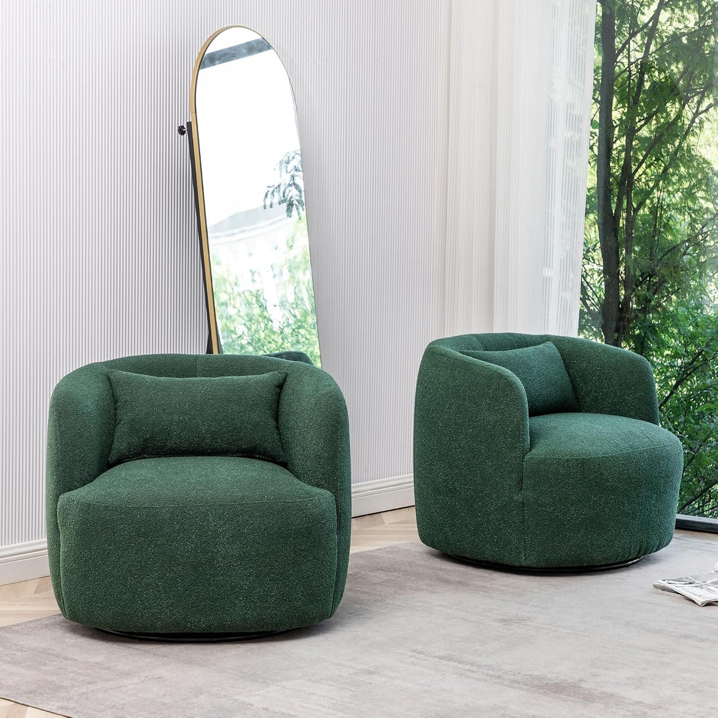 KINWELL 34" Wide Boucle Swivel Barrel Chairs Set of 2, No Assembly Round Upholstered Armchairs Accent Chairs Single Sofa Chair with Toss Pillow for Living Room and Bedroom, Green