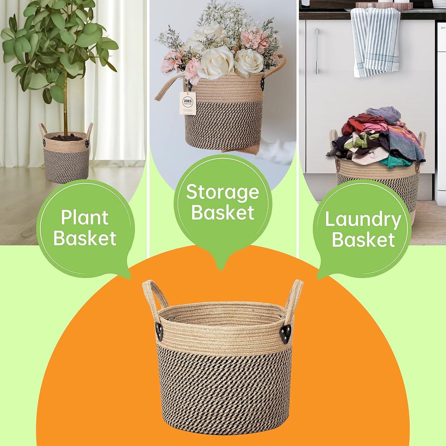 Jute Rope Basket - 12"x12" Woven Plant Pot Cover, Boho Indoor/Outdoor Multifunctional Storage
