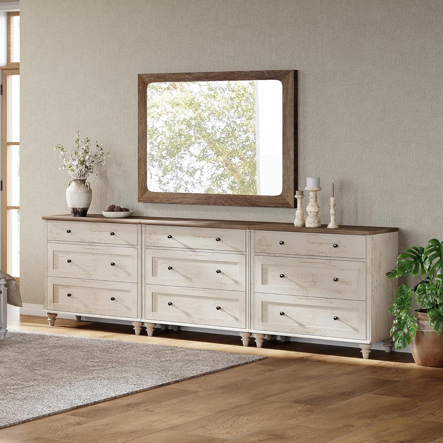 WAMPAT Kids Dresser for Bedroom with 9 Drawers, Baby Dressers with Wide Chest of Drawers, Farmhouse Wooden Closet Storage Organizer, Large Wood Dressers for Living Room, Nursery, Hallway, Rustic White