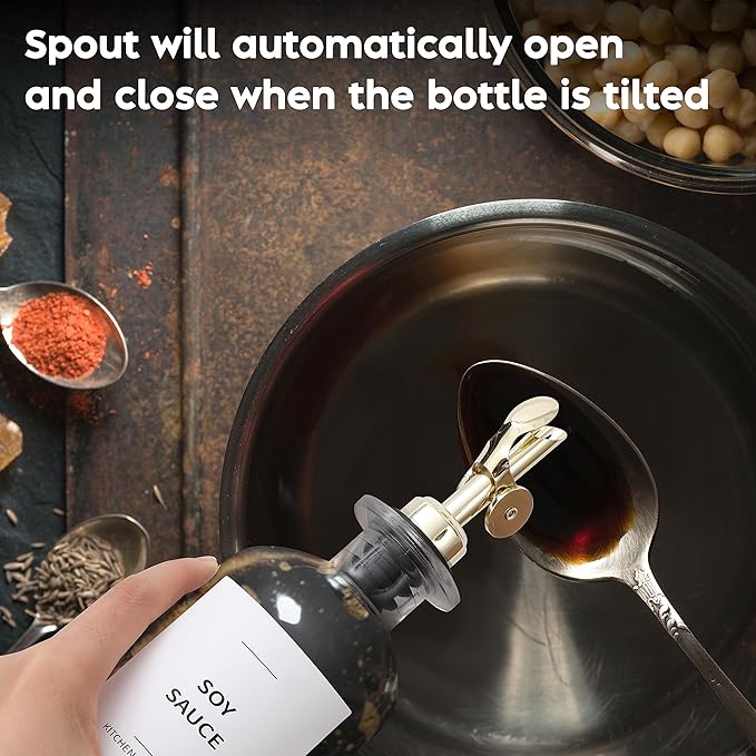 Olive Oil Dispenser Bottle - Includes 55 Kitchen Essential Labels - Cooking Oil Bottles for Kitchen, Coffee Syrup Dispenser - Pourer Spout with 11.8 fl oz Glass Container Cruet - 4pcs, Gold