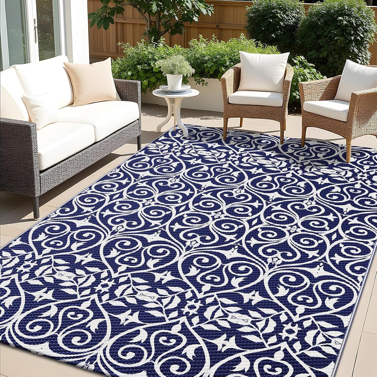 OLANLY Outdoor Rug Waterproof 5x8 ft Clearance, Reversible Outdoor Plastic Straw Rug with Floral Pattern, RV Mat for Patio, Camping, Balcony, Deck, Backyard, Navy & White