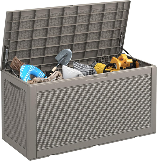 NUNU LAB 102 Gallon Large Waterproof Resin Deck Box, Lockable Outdoor Storage Box with Gas Lift, Patio Cushions, Garden Tools, Pool Supplies, Indoor Outdoor Storage Container, Grey
