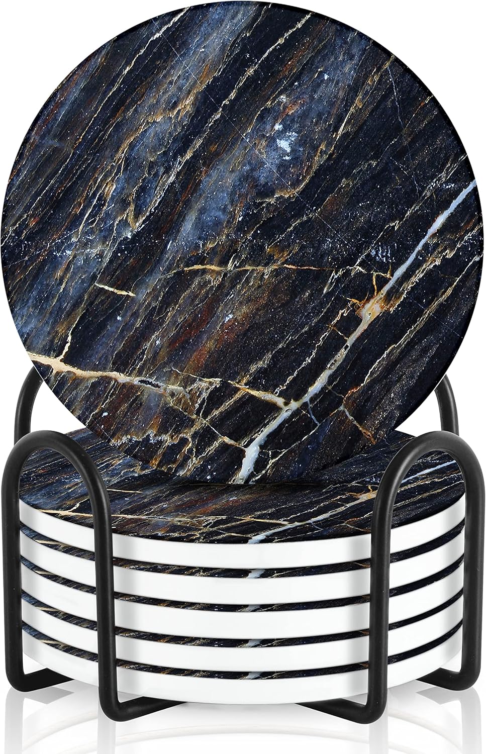 Emerson Coasters for Drinks Absorbent – Natural Stone Drink Coasters Set with Holder, Coasters for Coffee Table, Wooden Tabletop Protection Marble Style – 100% Heavy Duty Set of 6 (Thunder)