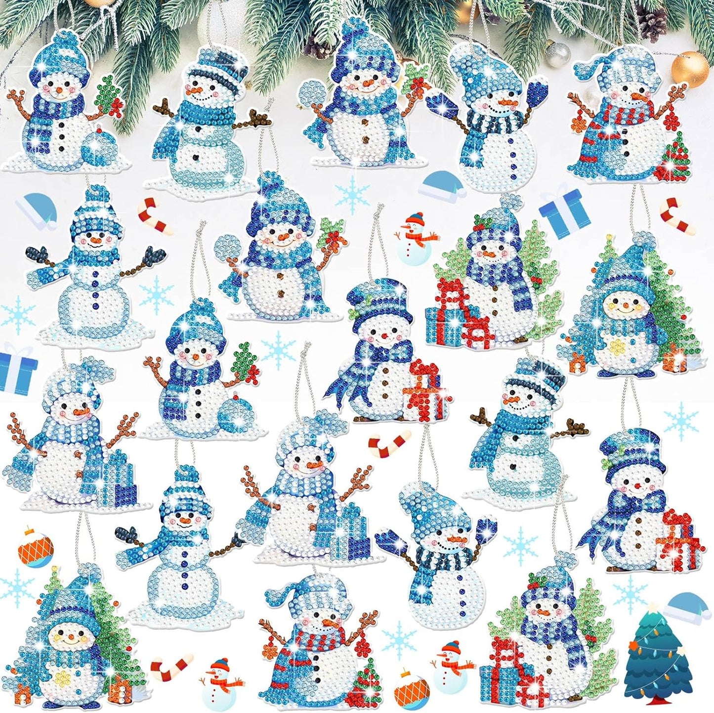 Skylety 20 Pcs Christmas Diamond Art Ornaments Kit Cute Snowman Diamond Painting Ornaments Tag DIY Xmas Rhinestone Art Keychain Crystal Handcraft Gift Wrap Tags with Rope Home Party Decor(Blue)