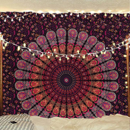 Bless International Handmade Indian hippie Bohemian Psychedelic Peacock Mandala Wall hanging College Dorm Beach Throws Table Cloth Bedding Tapestry (Golden Pink Blue, Medium(54x60Inches)(137x152cms))