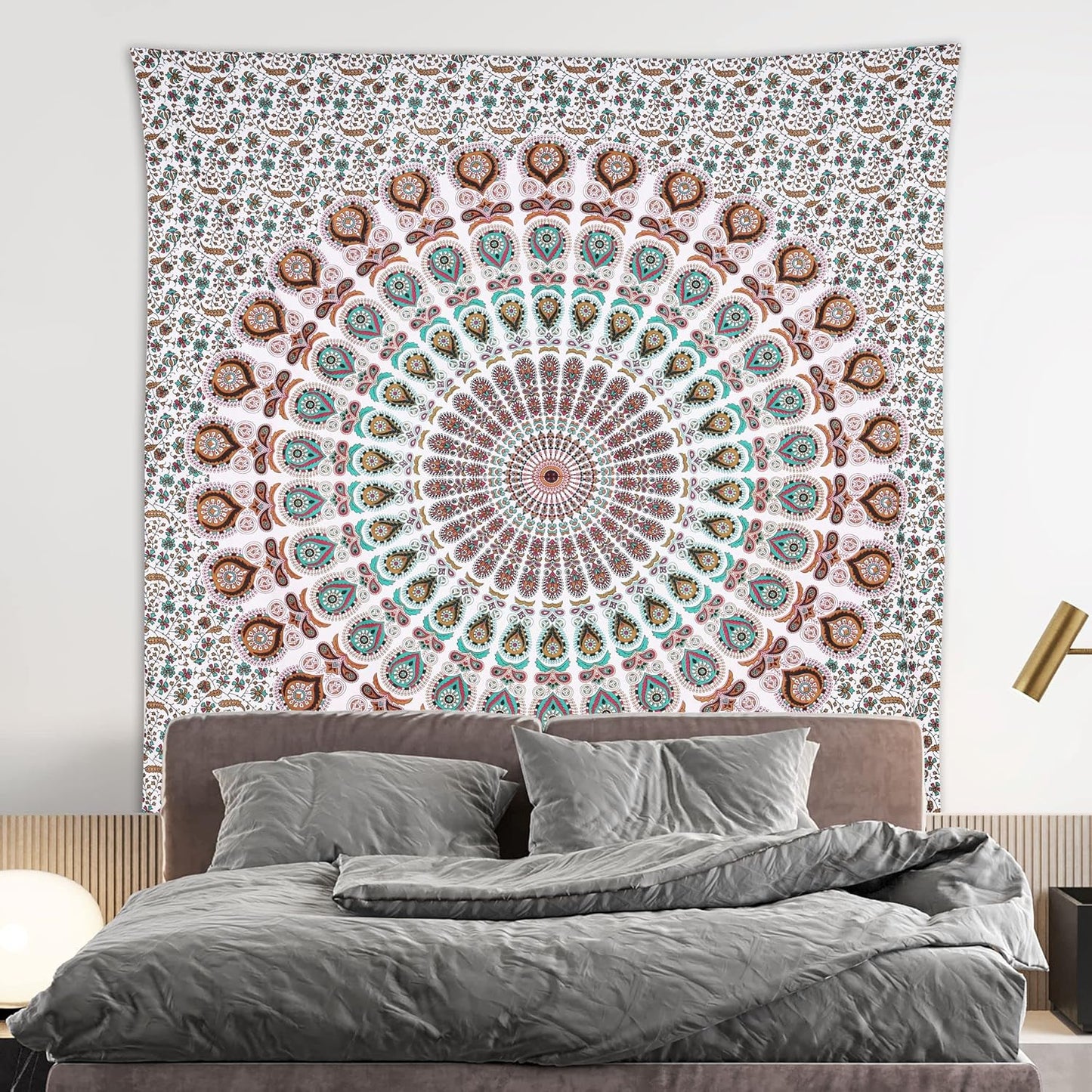 Bless International Handmade Indian hippie Bohemian Psychedelic Peacock Mandala Wall hanging College Dorm Beach Throws Table Cloth Bedding Tapestry (Floral Gold, Queen(84x90Inches)(215x230Cms))