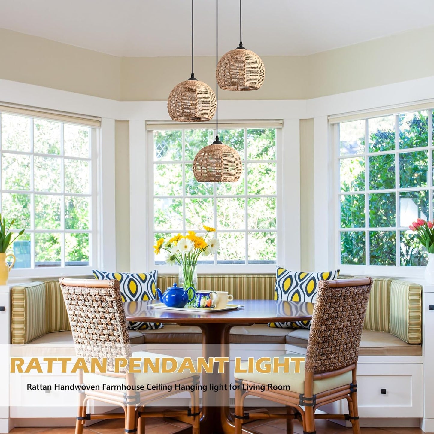 3-Light Mini Hemp Rope Woven Pendant Light Kitchen Island,3 Dome Hand Woven Boho Rattan Chandelier Farmhouse Wicker Ceiling Light,rustic Light Fixture For Living Room Hallway Dining Room(Bulb Incl.