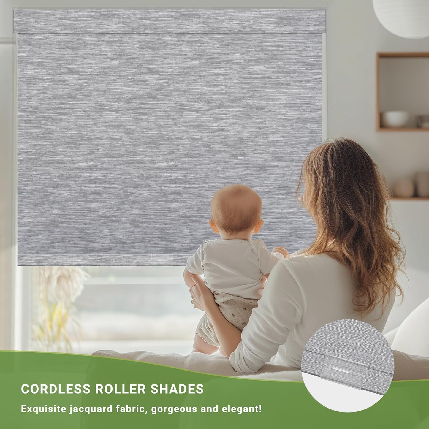 Blackout Roller Shades for Indoor Windows, Cordless Jacquard Fabric-Matched Roller Blinds, Easy to Install Privacy UV Protection Roll Up Blinds for Home Office, Grey, 36" W x 72" H