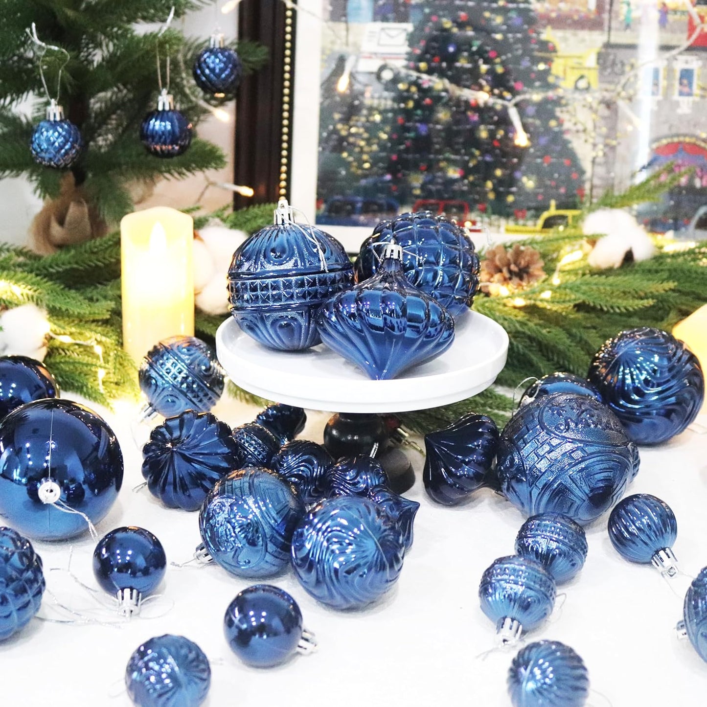 Senjie 36pcs Night Blue Christmas Ornaments Set with 7 Styles Multi-Size Shatterproof Christmas Tree Decorations