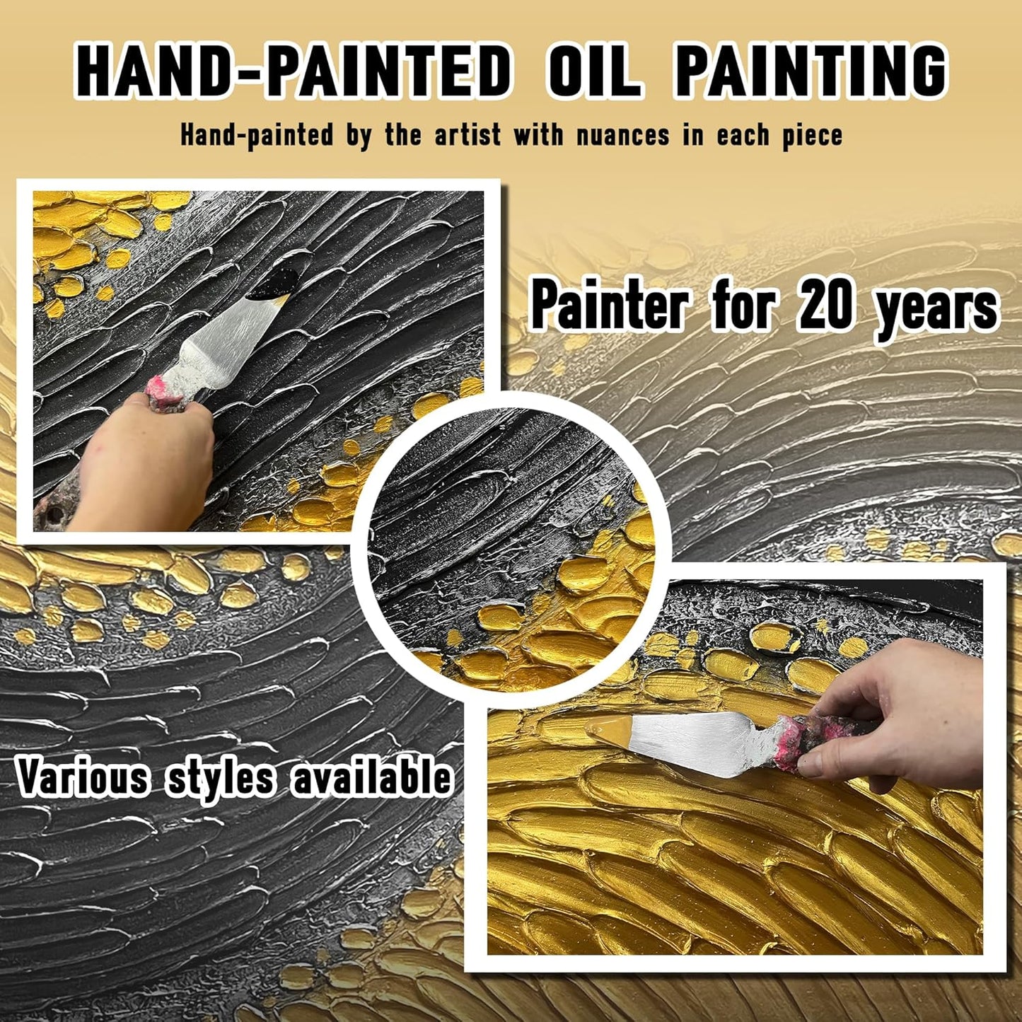 Black and Gold Hand Painted Oil Painting for Bedroom Abstract Pictures for Living Room Large Canvas Wall Art for Office Size 29 x 58 Inch