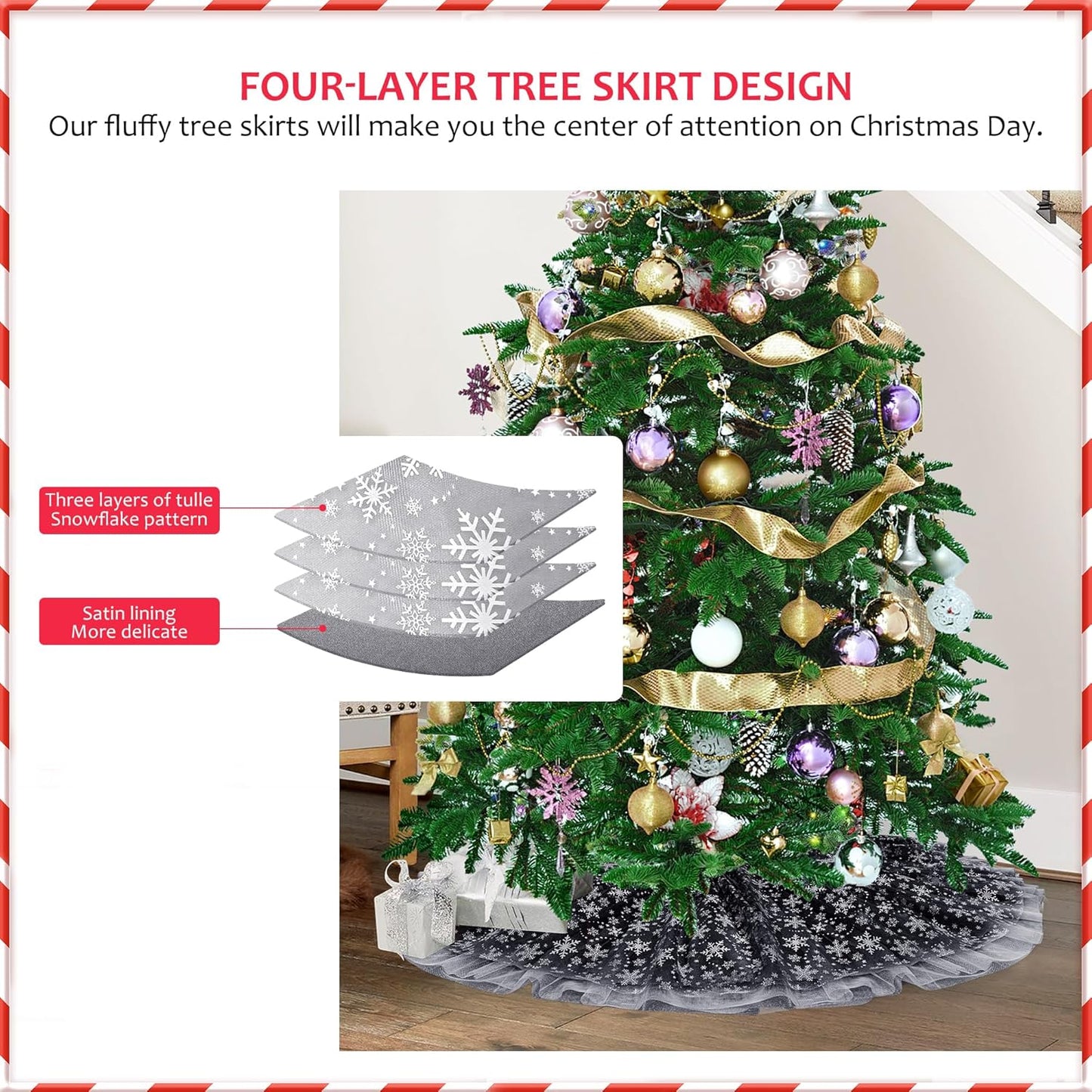 Christmas Wedding Tree Skirt, 4 Layer 45 in Snowflake Tulle Tree Decoration for Party Indoor, Fluffy Tree Cover Mat Ornament for Holiday, Black