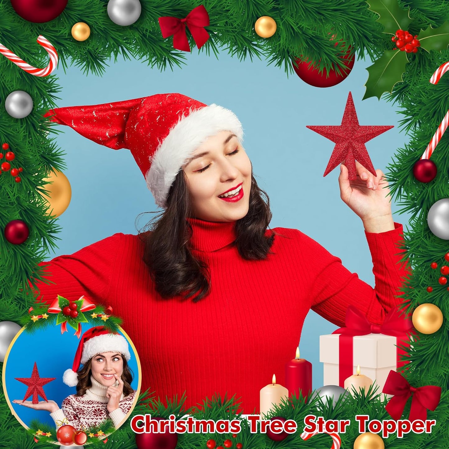 1PCS Star Tree Topper, 4" Red Christmas Tree Topper Glitter Decorations, Mini Bethlehem Star Xmas Shatterproof Tree Decorations, Waterproof Xmas Decor for Holiday Home Indoor/Outdoor Ornament