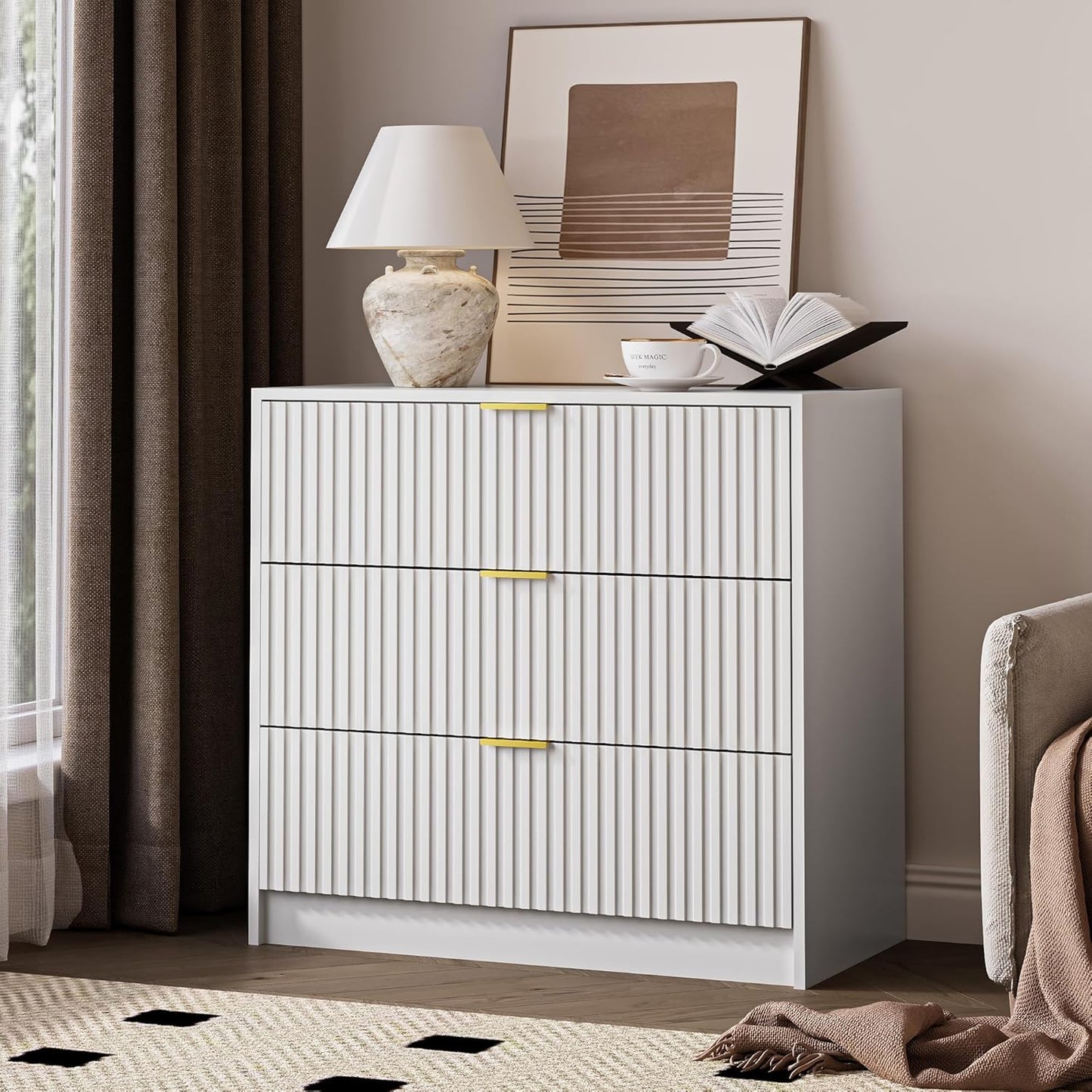 White Fluted Dresser for Bedroom, 32 Inch Wide Nightstand with Large Drawer, 3 Drawer End Table for Bedroom, Living Rooms, Offices, and Entryways