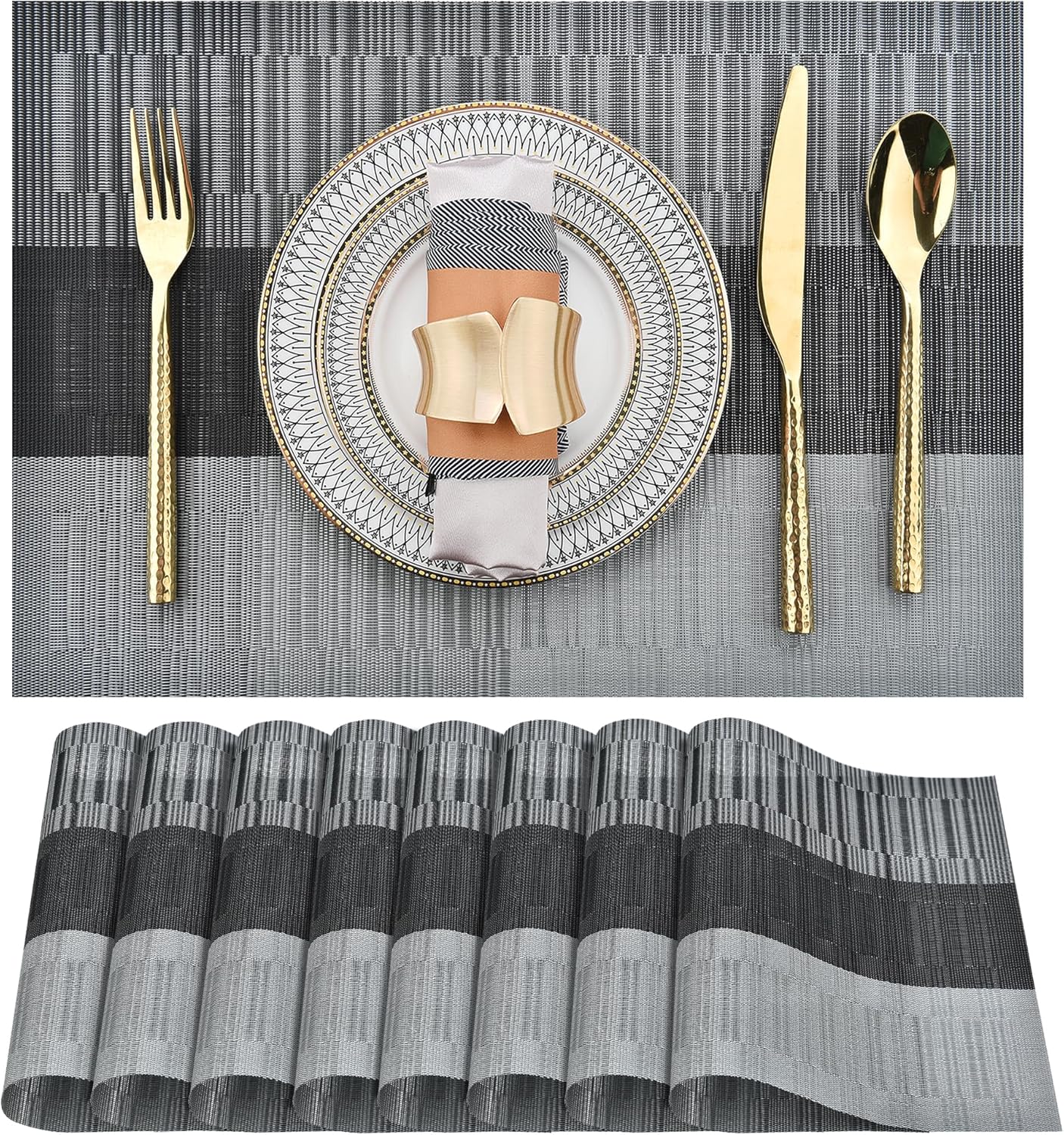 Placemats Set of 8 - Easy Clean Washable Vinyl Placemats - Heat Resistant Placemats for Kitchen Table - PVC Table Mats for Dining Table (Black and Gray, 8)