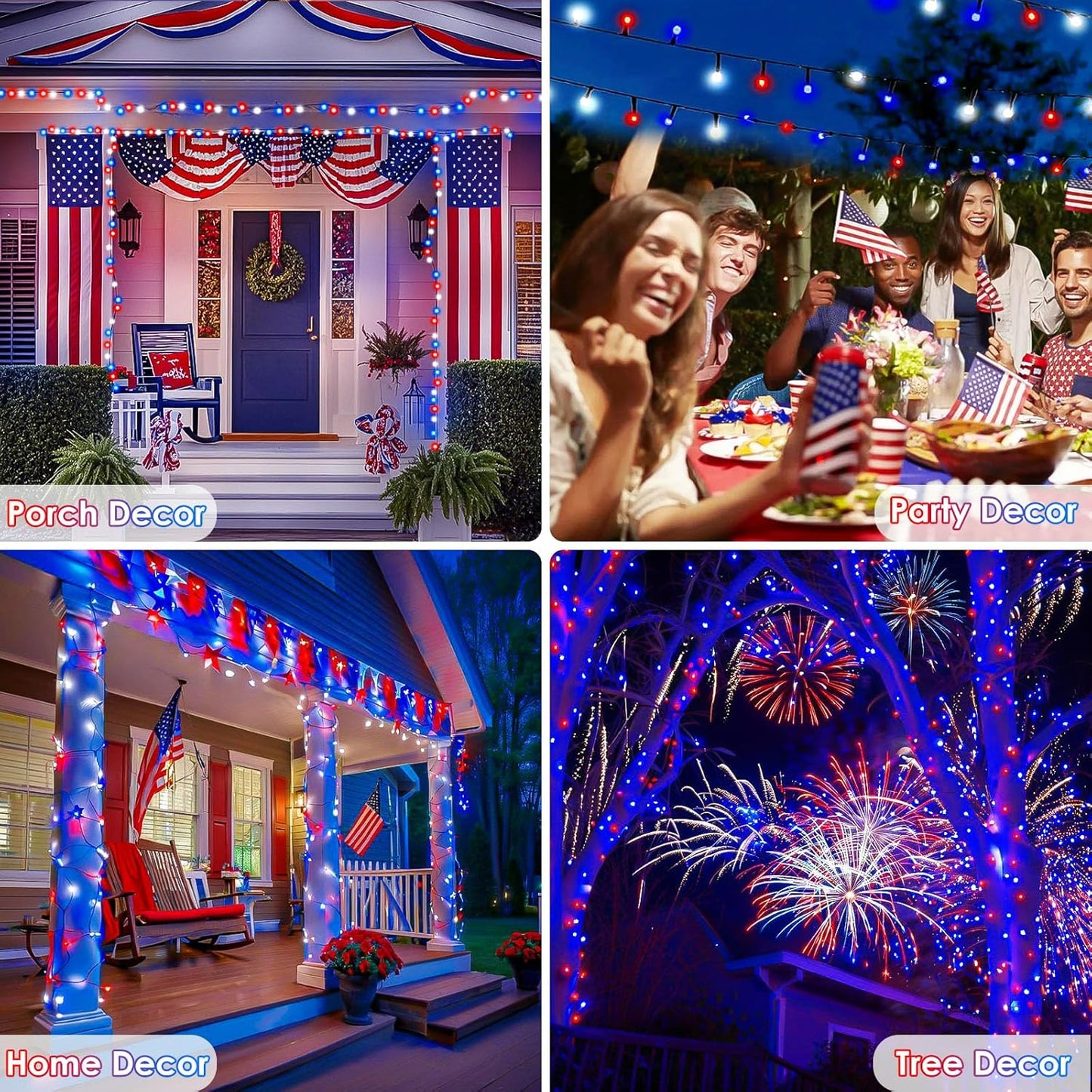 4th of July Decorations Outdoor, 4pk Red White and Blue Solar String Lights, 400LED 132FT LED Patriotic Light Waterproof, Solar Fairy Twinkle Light for Independence Day Yard Garden Tree Decorations