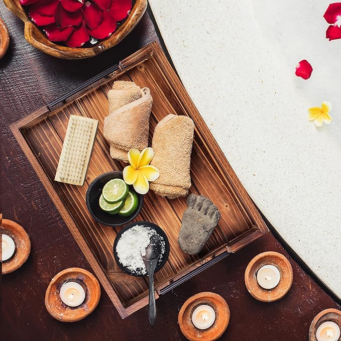 Ottoman Tray | Decorative Coffee Table Tray with Handles - Wooden, 17x13 Inch - Includes 4 Coasters - Ideal for Ottoman, Breakfast