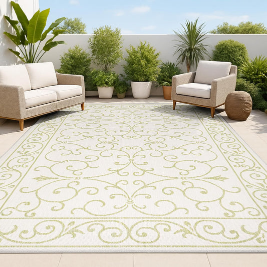 JONATHAN Y Vintage Filigree Indoor Outdoor Area Rug 8X10 Cream/Green, Charleston Textured Weave for Backyard, Patio, Porch, Easy-Cleaning, High Traffic, Pet-Friendly, Non-Shedding (SMB106I-8)