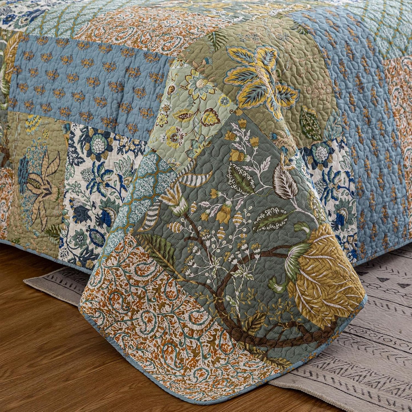 YAYIDAY Quilts Queen Size Patchwork Bedspread - 100% Cotton Reversible Breathable Green Leaves Quilted Quilt with Pillow Shams for All Seasons