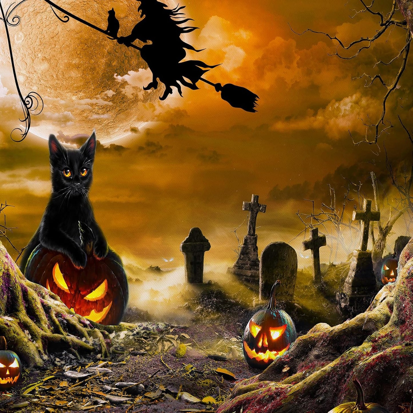 LB Halloween Wall Tapestry Horror Witch Cat and Dead Tree Pumpkin Lights with Spooky Graveyard Tapestry Orange Full Moon over Misty Forest Wall Decor for Bedroom Living Room Dorm 60x40 Inches