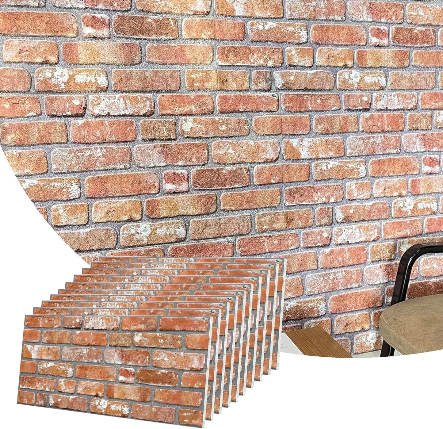 Dundee Deco 3D Wall Panels Faux Brick - Cladding, Red Orange Stone Look Wall Paneling, Styrofoam Facing for Living Room, Kitchen, Bathroom, Balcony, Bedroom, Set of 10, Covers 54 sq ft