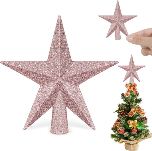 1PCS Tree Topper Star, 4" Rose Gold Christmas Tree Topper Decorations, 3D Glitter Mini Bethlehem Star Shatterproof Tree Decor, Waterproof Xmas Tree Topper for Holiday Home Indoor/Outdoor Ornament