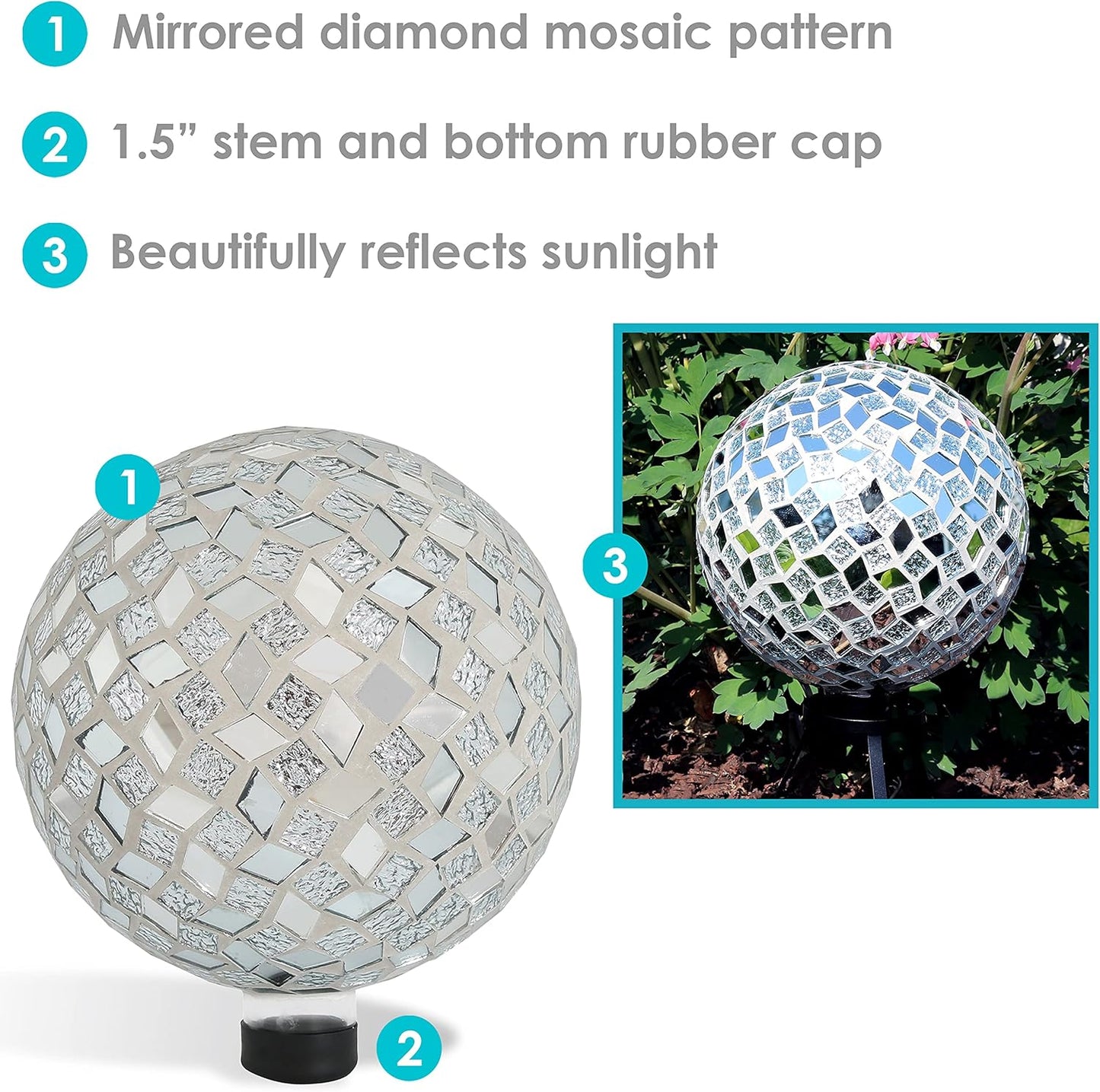 Sunnydaze 10-inch Gazing Ball for Garden - Crackled Glass Mosaic Gazing Globe for Outside - Mirrored Diamond Mosaic - 2-Pack