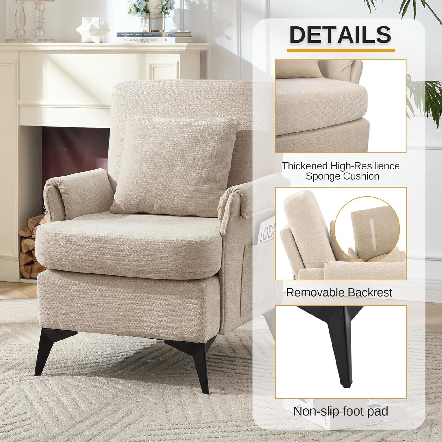 KCC Mid-Century Accent Chairs Set of 2,Chenille Modern Upholstered Single Sofa,Cozy Armchair with Back for Bedroom/Office/Cafe,Begie