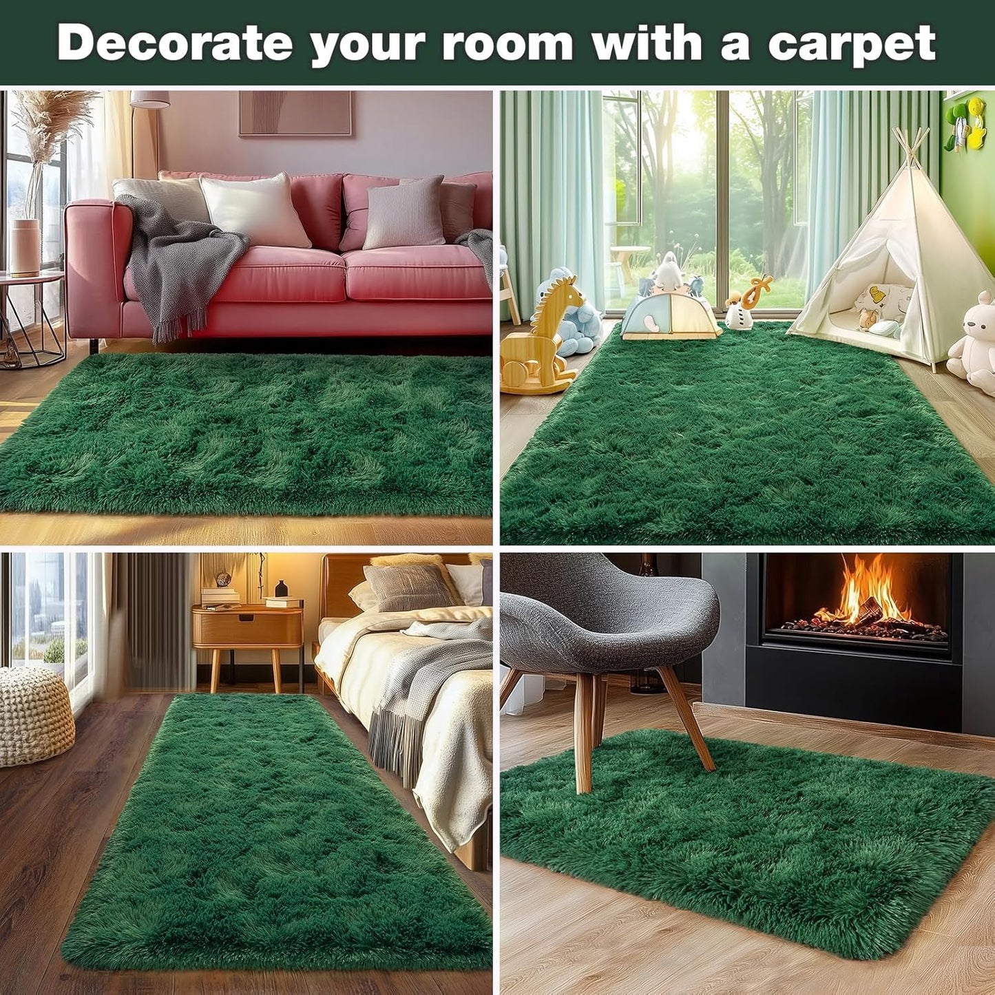 Rezutan Modern Shaggy Area Rug - Super Soft Fluffy Non-Slip Living Room Bedroom Rug for Kids Nursery, Classroom, Bedside Decor, Blackish Green, 2 X 6 Feet