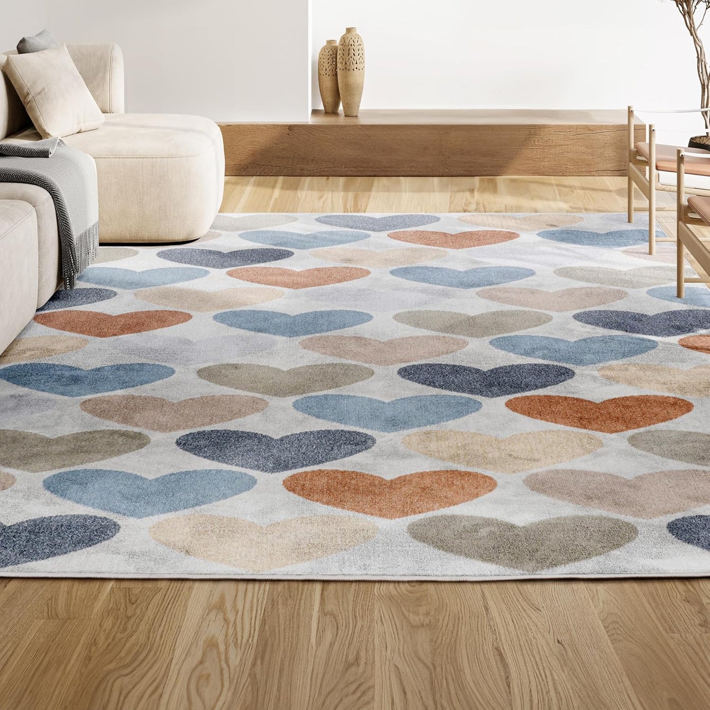 JONATHAN Y Machine-Washable Ivory/Blue/Orange Indoor Area Rug, 8x10, Dila Modern Hearts Geometric, Kids & Novelty, Vintage, Bedroom, Kitchen, Living Room, Easy-Cleaning, Non-Shedding (KDW101A-8)