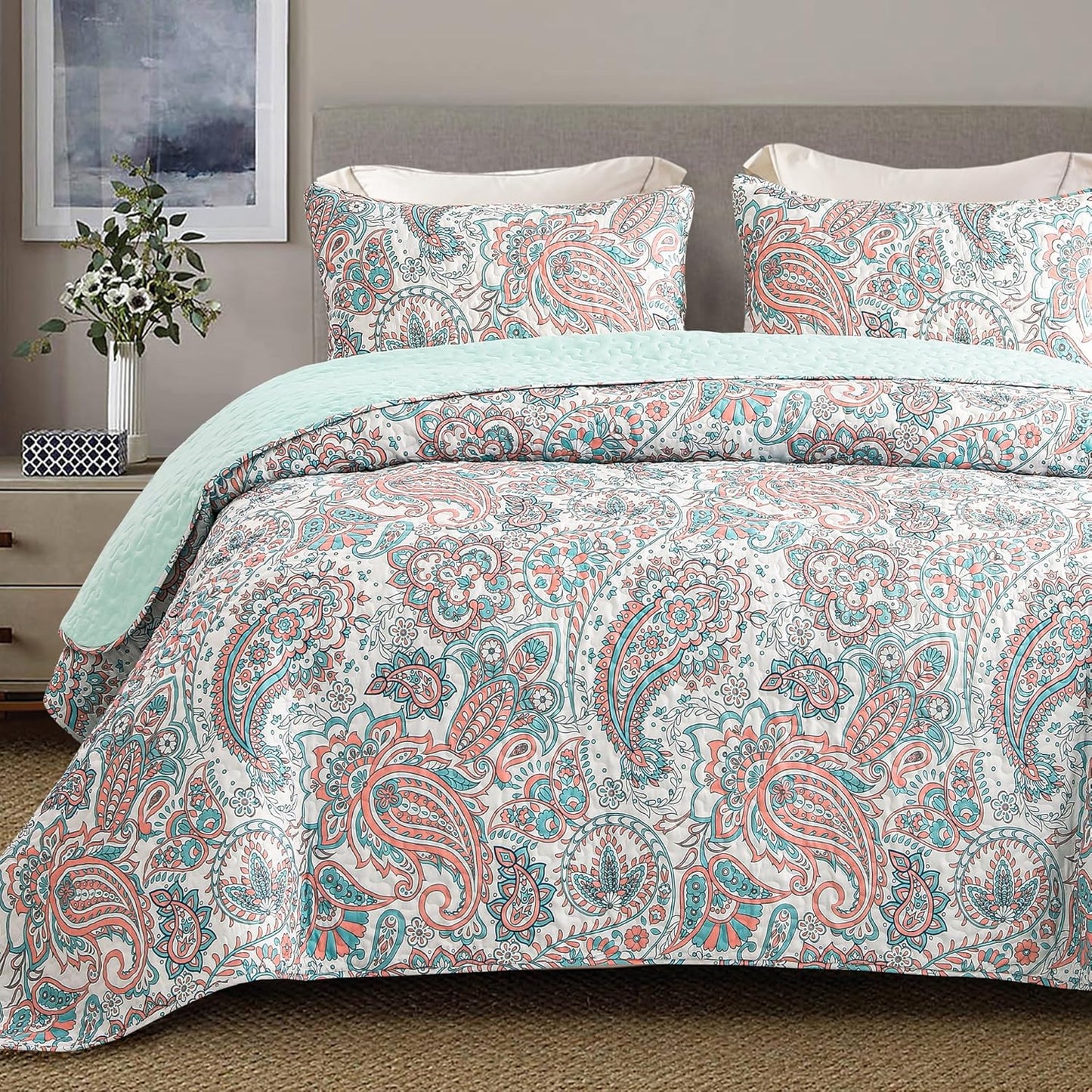 Exclusivo Mezcla Reversible Boho Quilt Set Queen Size, 3 Pieces Paisley Aqua All Season Bedspreads, Ultra Soft Floral Coverlet Bedding Set with Printed Pattern (1 Quilt, 2 Pillow Shams)