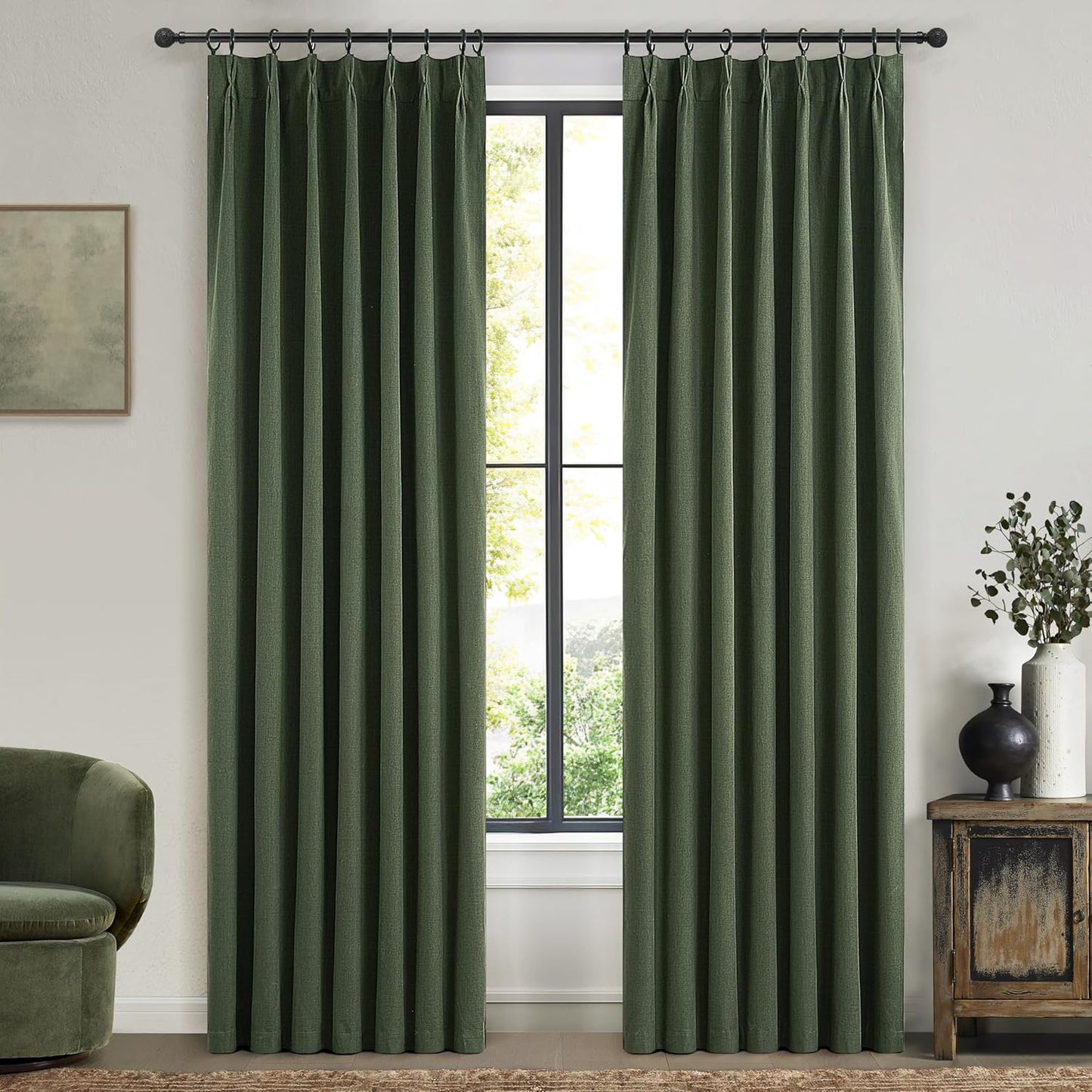 Olive Green Bedroom Curtains 84 Inch Length 2 Panels Set Burg,Pinch Pleated Decorative Blackout Drapes Thermal Insulating Window Boho Cottage Full Light Blocking Curtain Lined Linen Blend Sunroom Pine