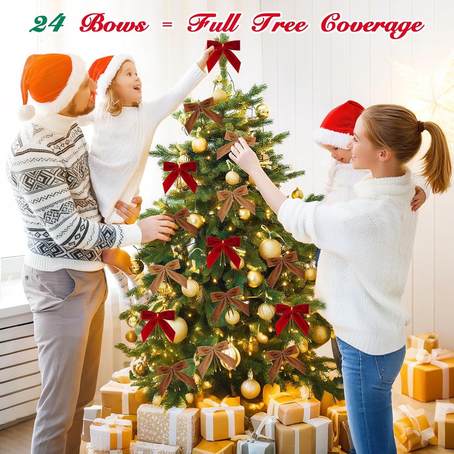 Red Velvet Bows for Christmas Tree Decorations, 24 Pcs Premium Velvet Ribbon Bows, Christmas Tree Ornaments for Xmas Wreaths, Gift Toppers & Holiday Home Decor(1" Width, 3.5x3.5 Inch)