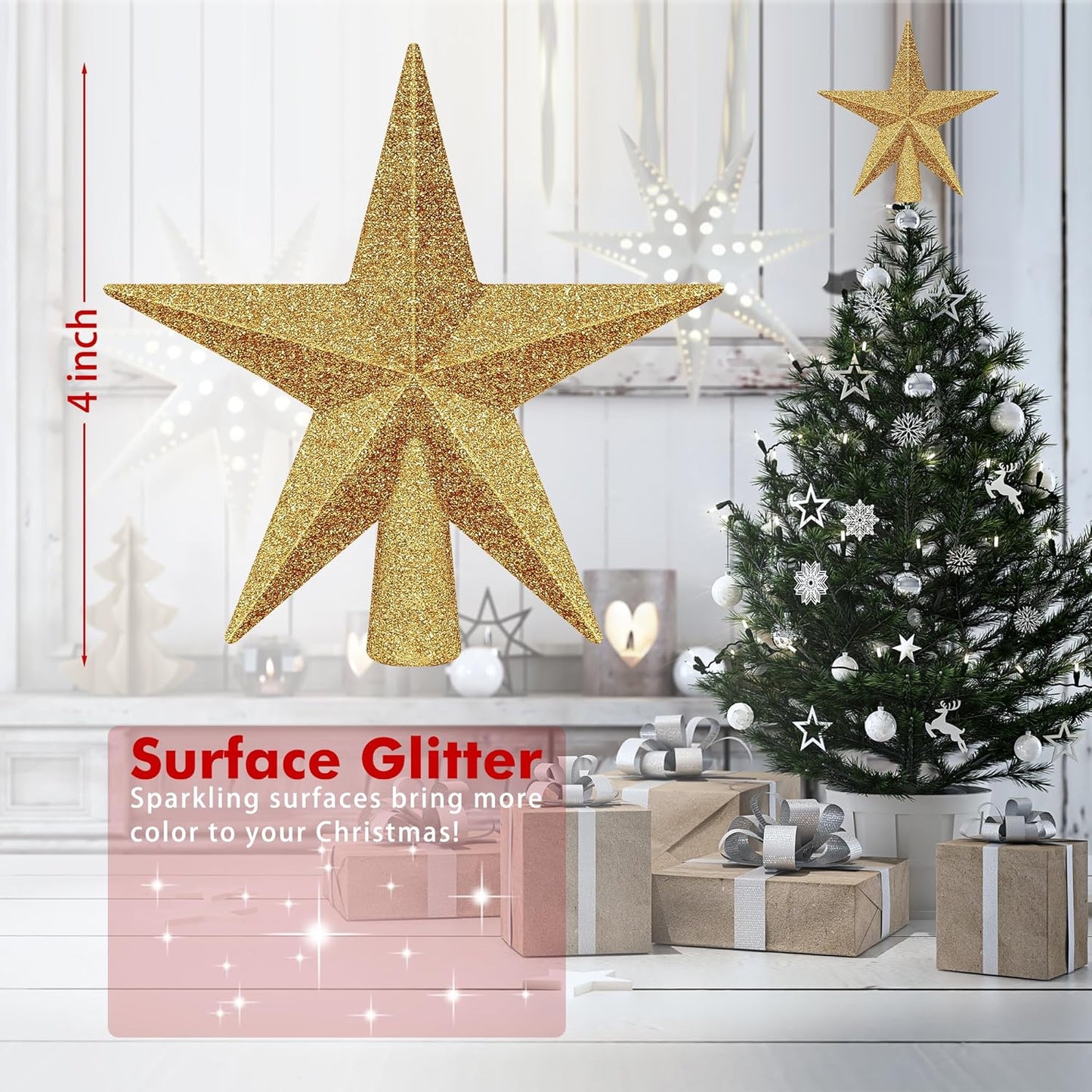 Christmas Tree Topper, 1PCS 4" Gold Glitter Star Tree Topper, 3D Xmas Shatter-Proof Mini Bethlehem Star Tree Topper Decorations, Waterproof Christmas Decor for Holiday Home Outdoor Ornament