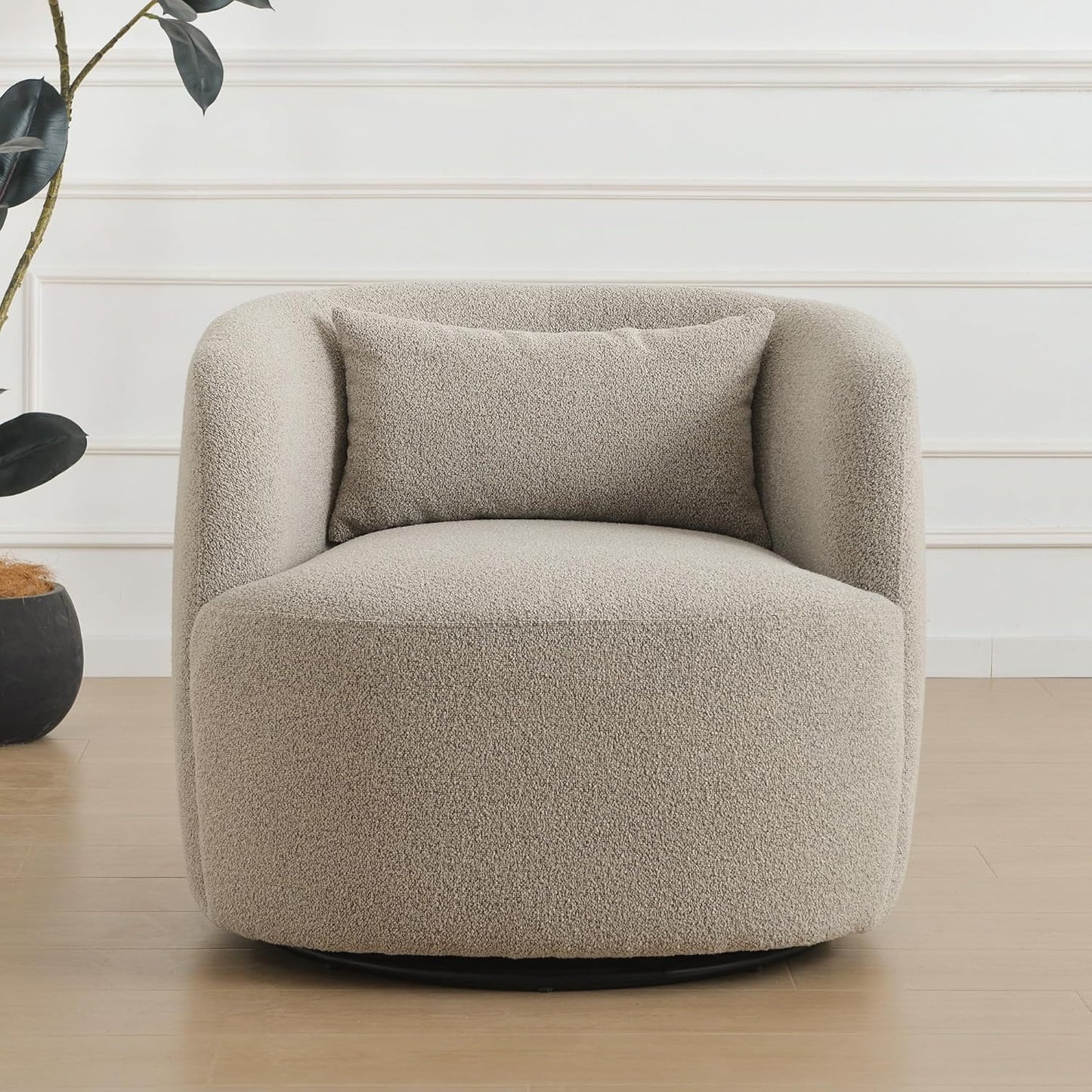 KINWELL 34" Wide Sherpa Swivel Barrel Chair, No Assembly Round Boucle Upholstered Accent Chair Armchair Single Sofa Chair with Toss Pillow for Living Room and Bedroom, Taupe