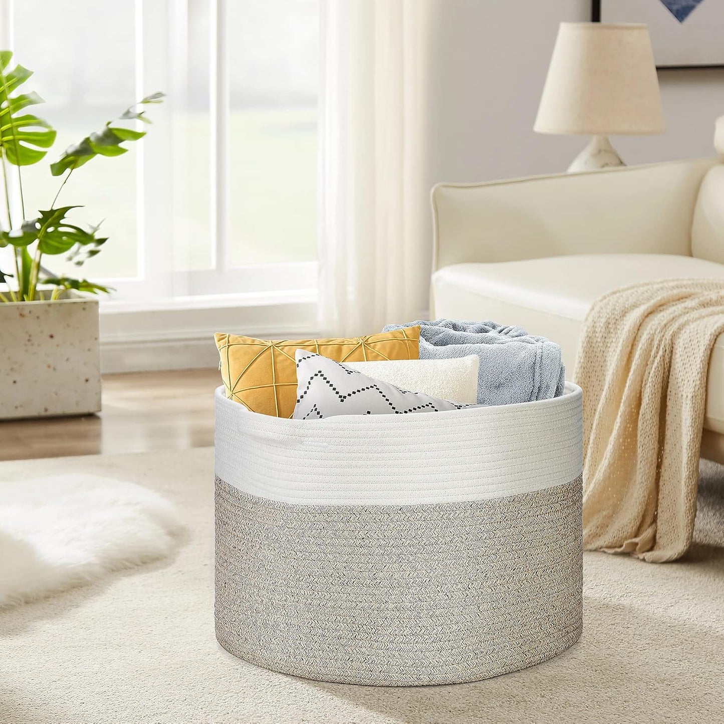 Ravinte Blanket Basket - 20"x 20"x 13" Cotton Rope Basket for Living Room, Baby Toy Storage Basket, Large Woven Laundry Basket (White-Light Brown)