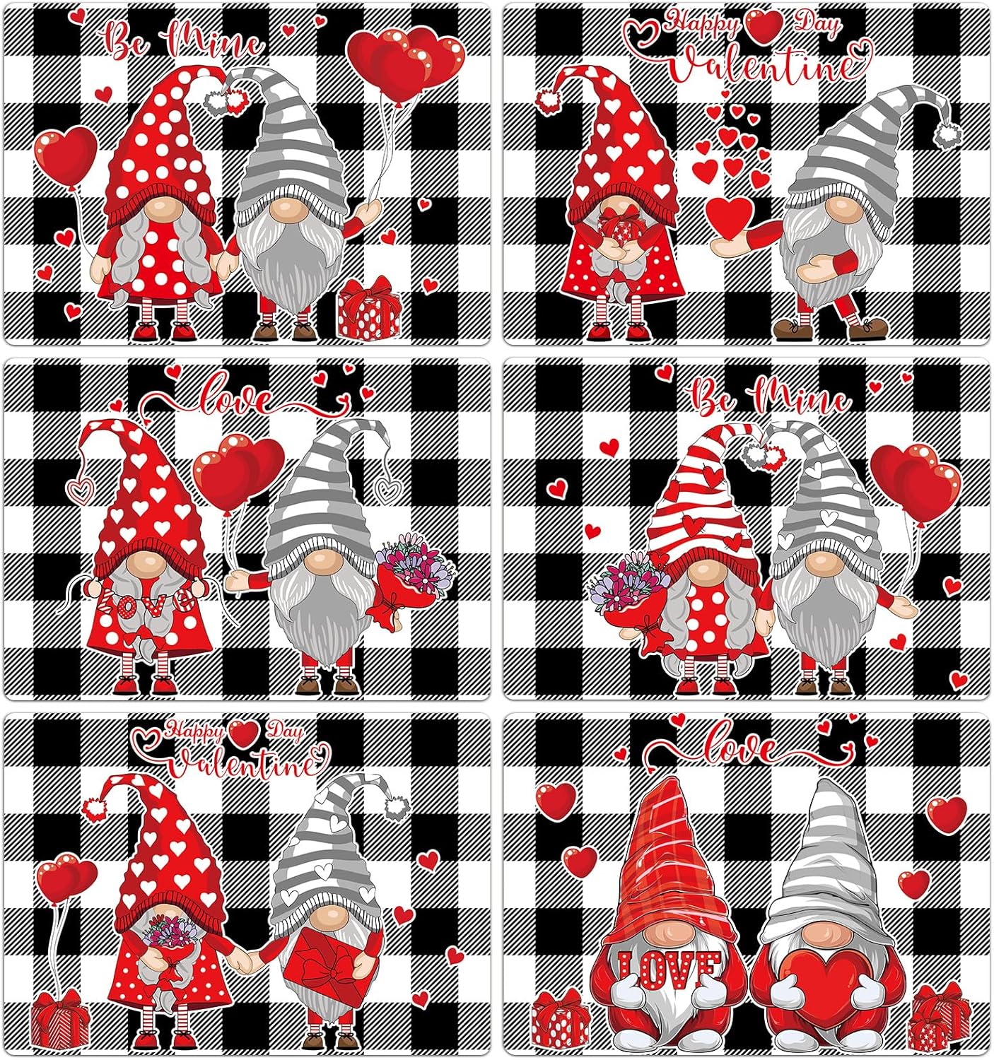Valentine's Day Placemats Set of 6 Gnomes Plastic Table Mats Buffalo Plaid Place Mats Washable Vinyl Love Hearts Table Decoration for Anniversary Wedding Party Kitchen Dining Table
