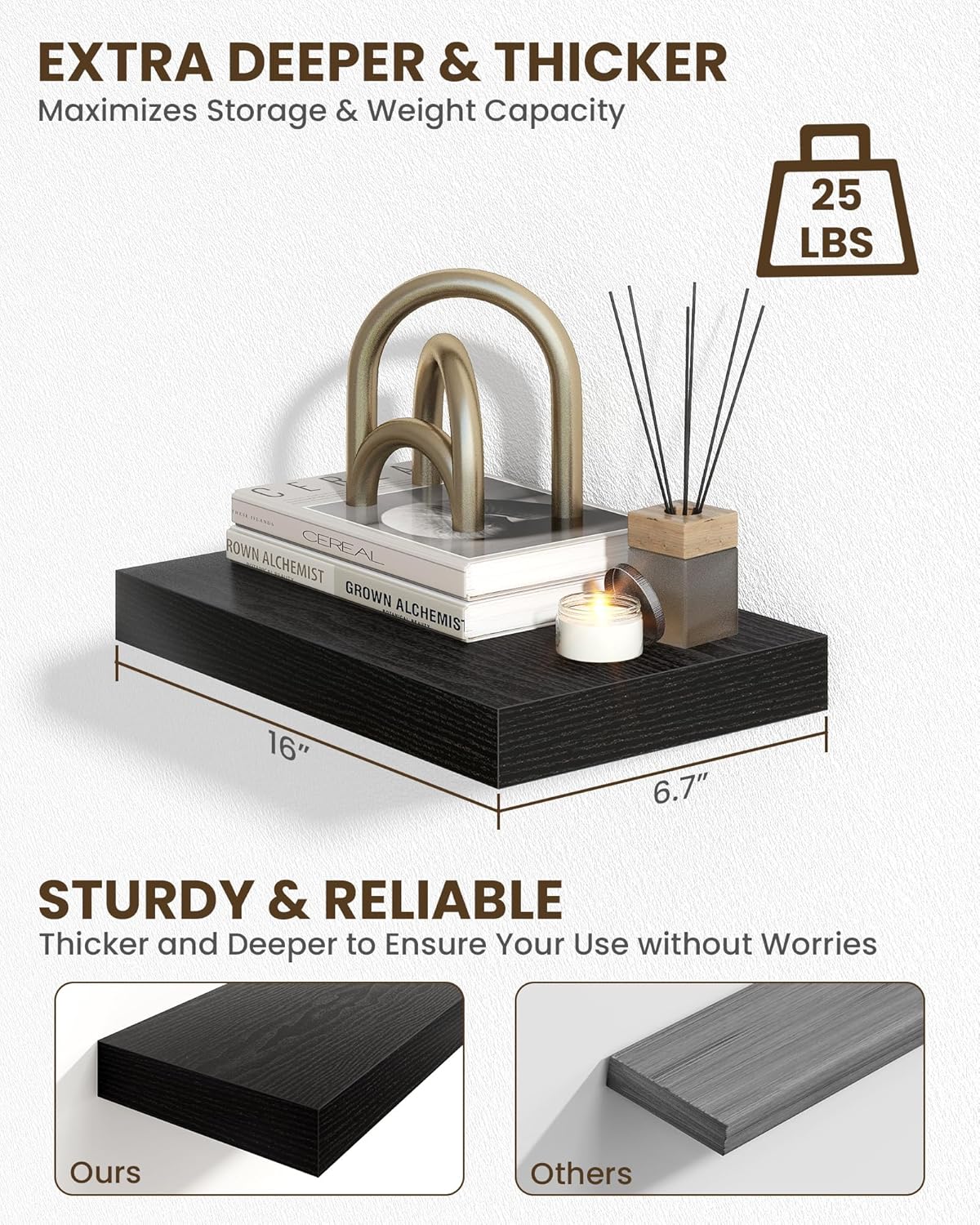 Marsmiles 16" Floating Shelves for Wall, Wooden Shelves with Invisible Brackets Set of 2, Rustic Farmhouse Wall Mounted Shelf for Kitchen Bathroom Living Room Study, Black