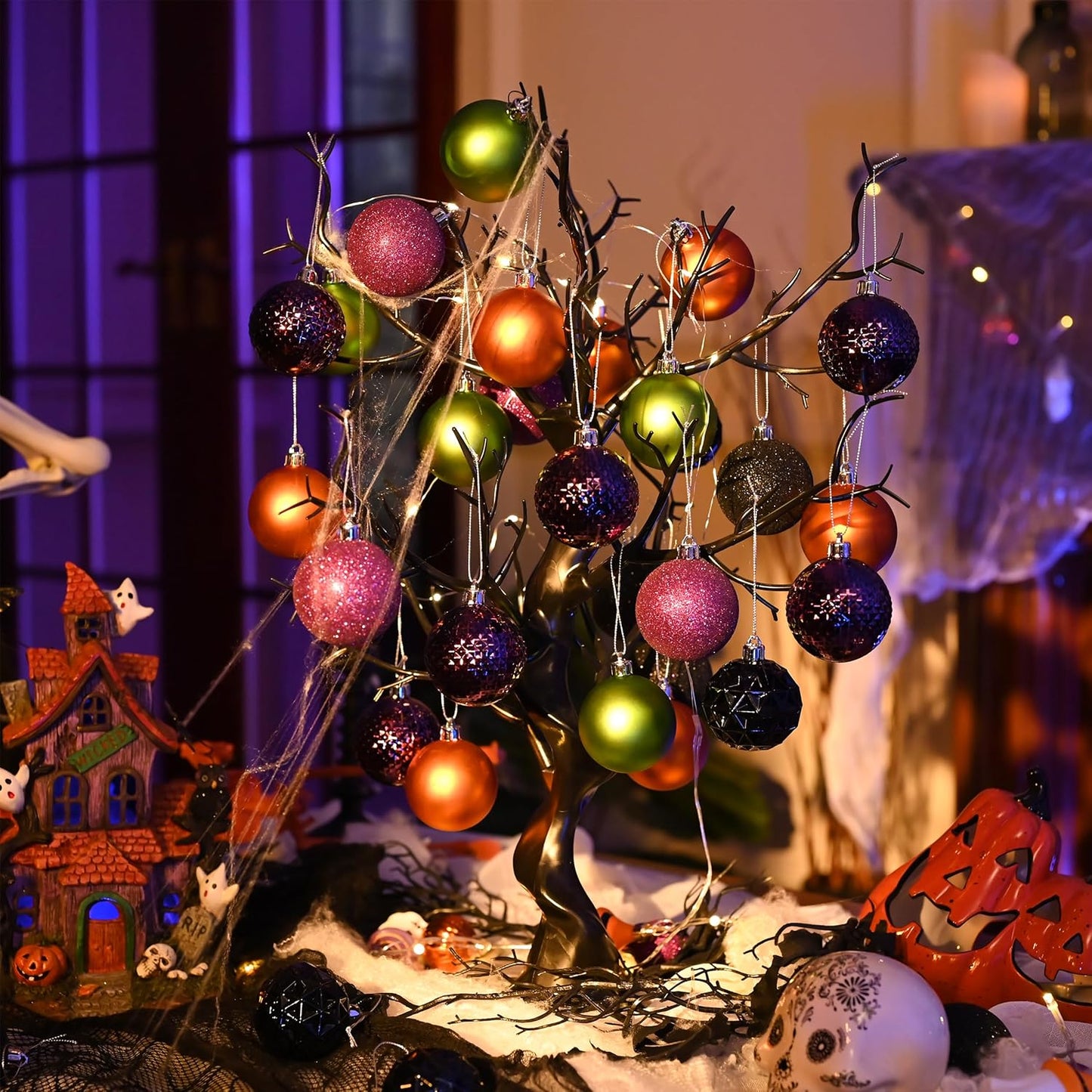Valery Madelyn Christmas Tree Decorations Ornament Set for Fall Halloween, 50ct 2 Inches Orange Purple Black Shatterproof Christmas Ball Ornaments Hanging Xmas Holiday Party Decor