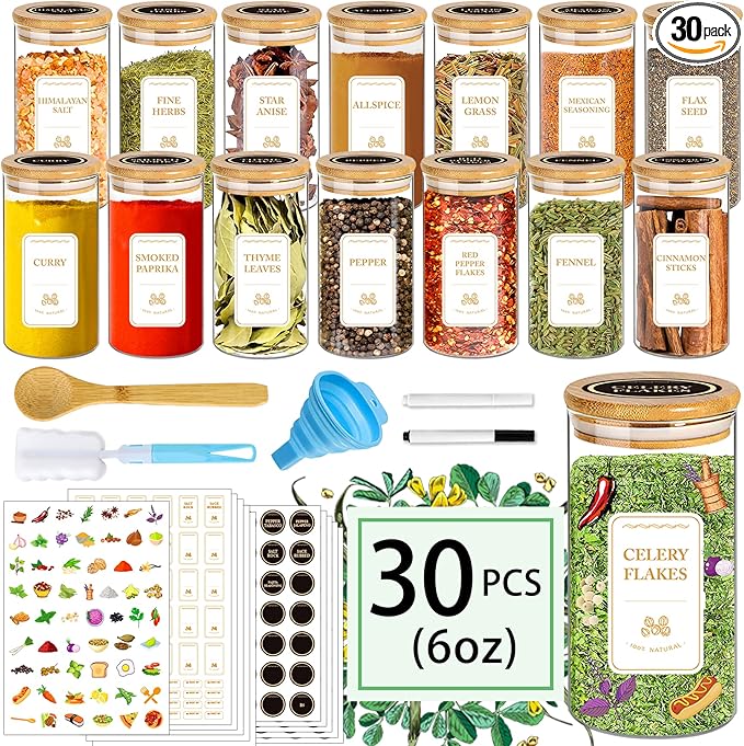 Spice Jars with Labels, 30Pcs 6oz Glass Spice Jars with Bamboo Lids, Minimalist Stackable Airtight Spice Containers with 426 labels for Kitchen Seasoning, Tea, Herbs, Coffee, Sugar,Shells
