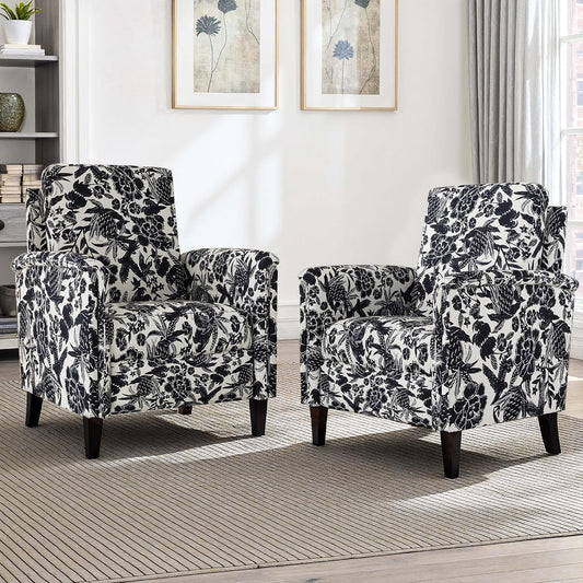 Floral Accent Chair Set of 2, High Back Upholstered Armchair with Solid Wooden Legs, Padded Armrest and Removable Comfortable Cushioned Seat Single Sofa for Living Room, Bedroom, Black