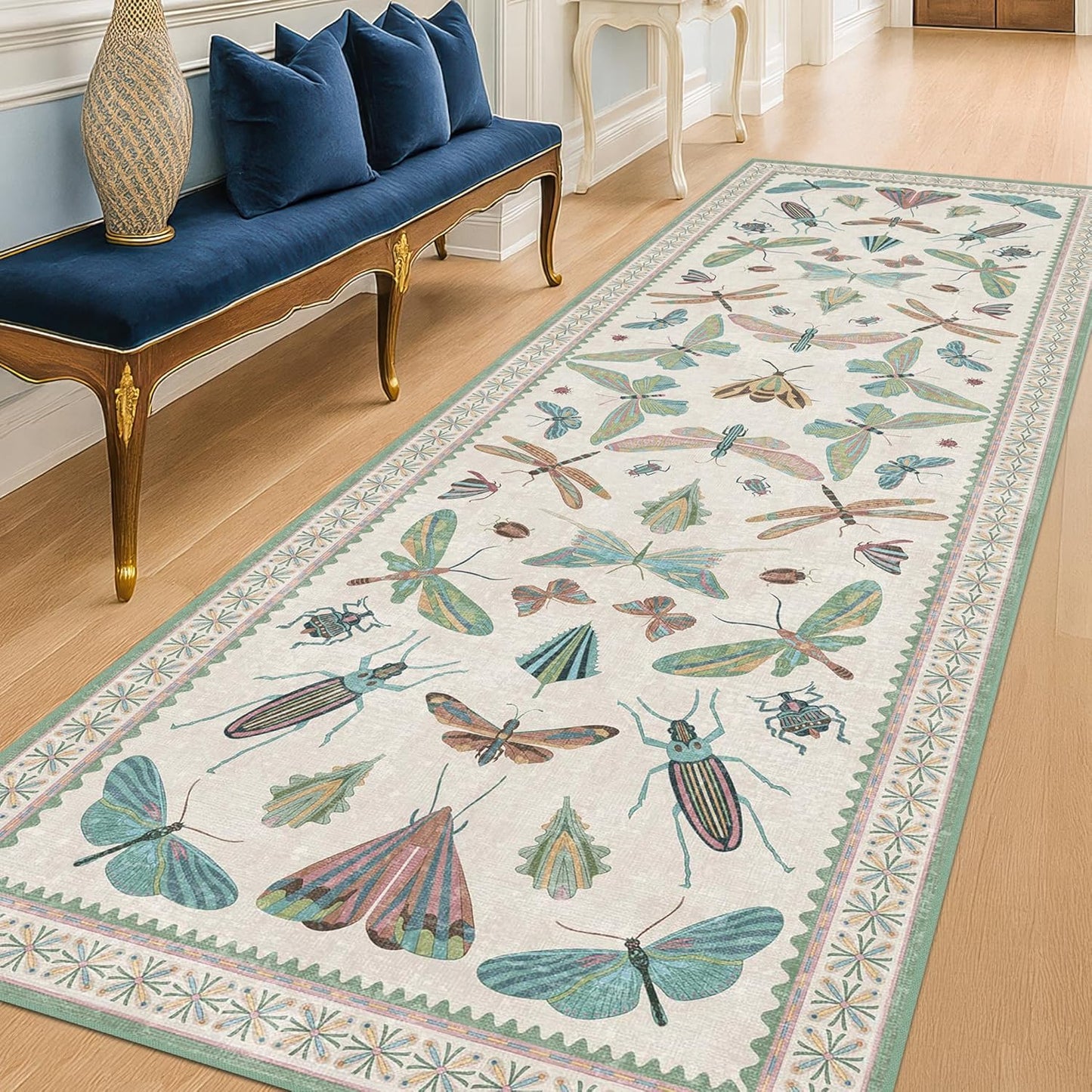 Insect Print Long Hallway Runner Rug - Light Green Rug for Kitchen Floor, Entryway Runner Rug, Washable Non Slip with Rubber Backing, Cool Butterfly Indoor Decor