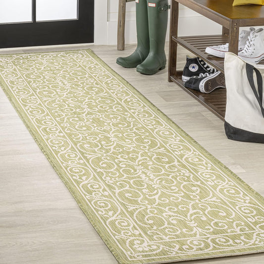 JONATHAN Y Vintage Filigree Indoor Outdoor Runner Rug 2X8 Green/Cream, Charleston Textured Weave for Backyard, Patio, Porch, Easy-Cleaning, High Traffic, Pet-Friendly, Non-Shedding (SMB106H-28)