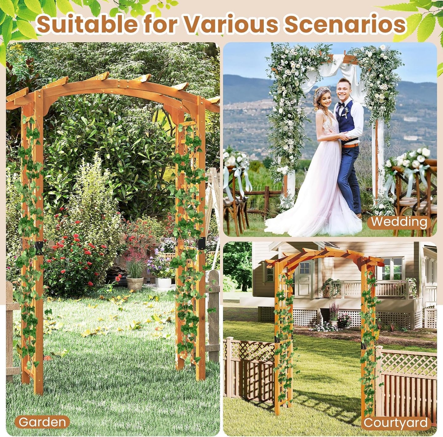 Giantex 7.5FT Wood Garden Arbor Trellis, Wooden Wedding Arch for Ceremony Party, Outdoor Archway Pergola for Climbing Plants, Pathway, Yard, Garden Decor, Easy Assembly (Honey Brown, 63''W x 90''H)