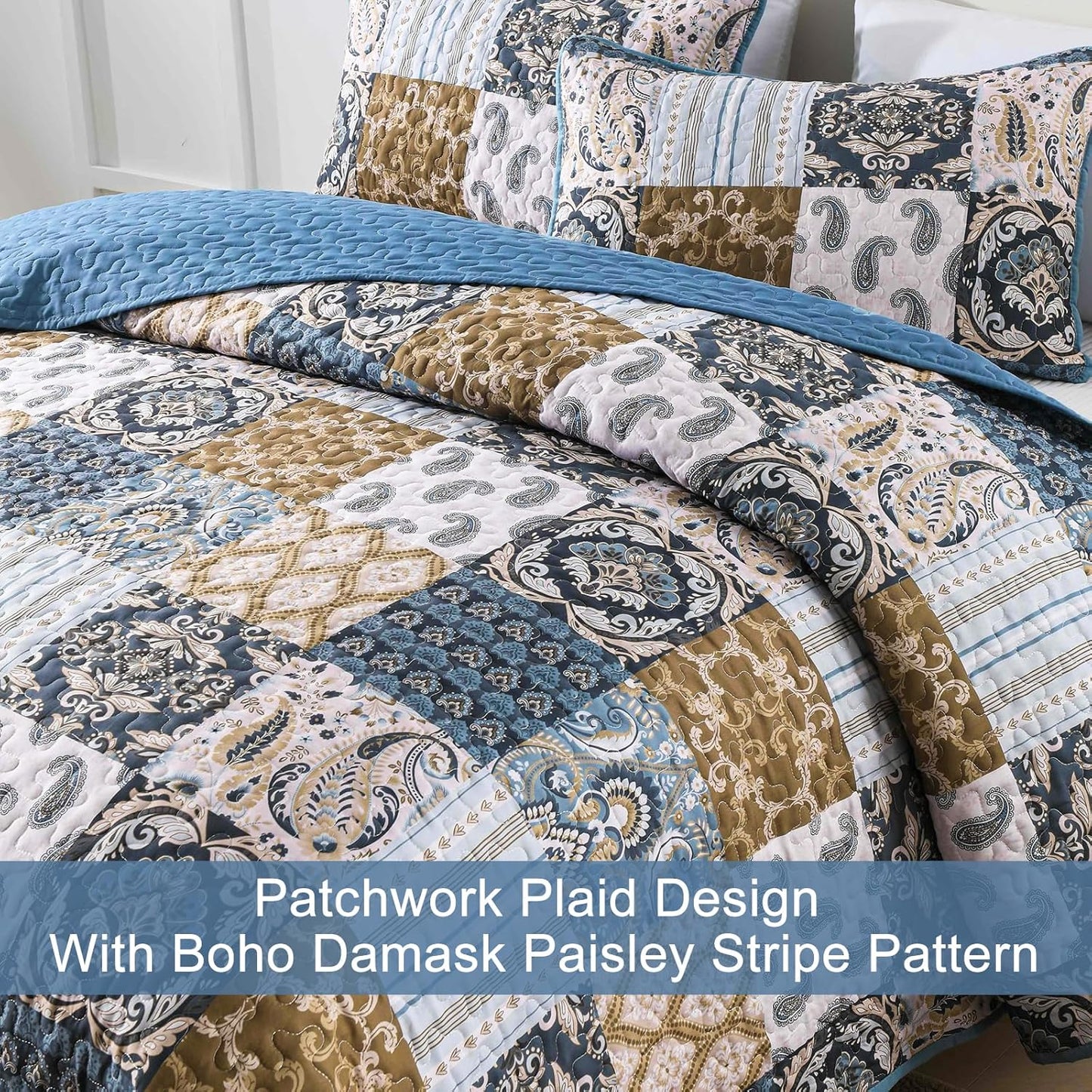 WONGS BEDDING Boho Quilt Set King Size, Blue Patchwork Plaid Bedspread Bedding Sets Paisley Soft Microfiber Quilts for King Bed 3 Pieces Coverlet Set for All Season (104"x90")