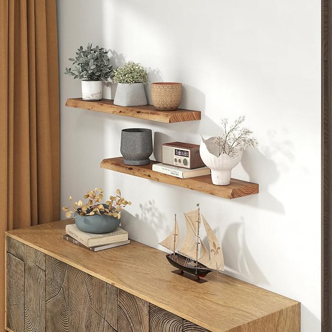 Solid Elm Wood Floating Shelves, 36 Inch Wood Floating Shelves for Wall, Live Edge Wooden Shelves Wall Mounted for Books, Bathroom, Kitchen, Natural Color, Set of 2