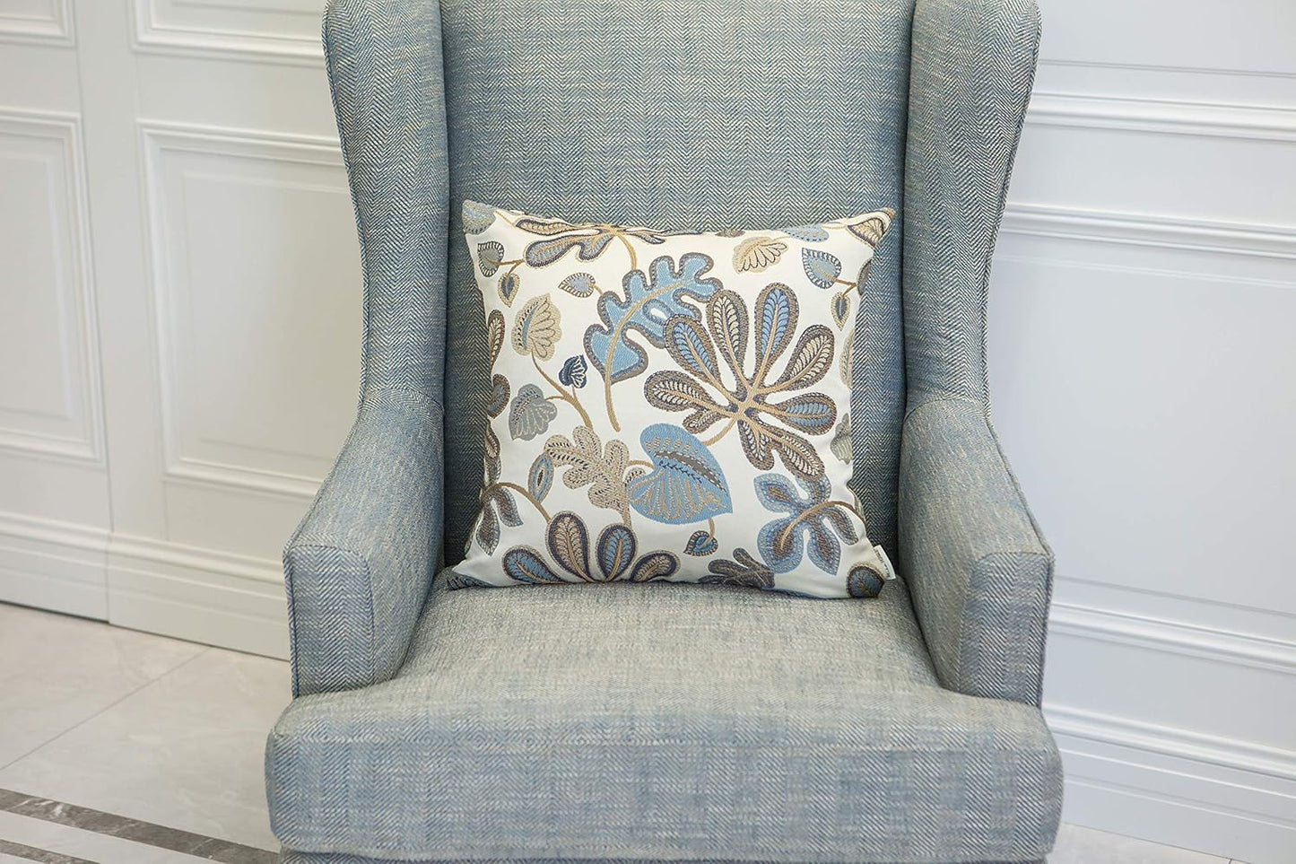 Set of 2 Jacquard Tropical Leaf Pattern Throw Pillow Covers Decorative Pillowcase 22X22 Inches,Blue Cream