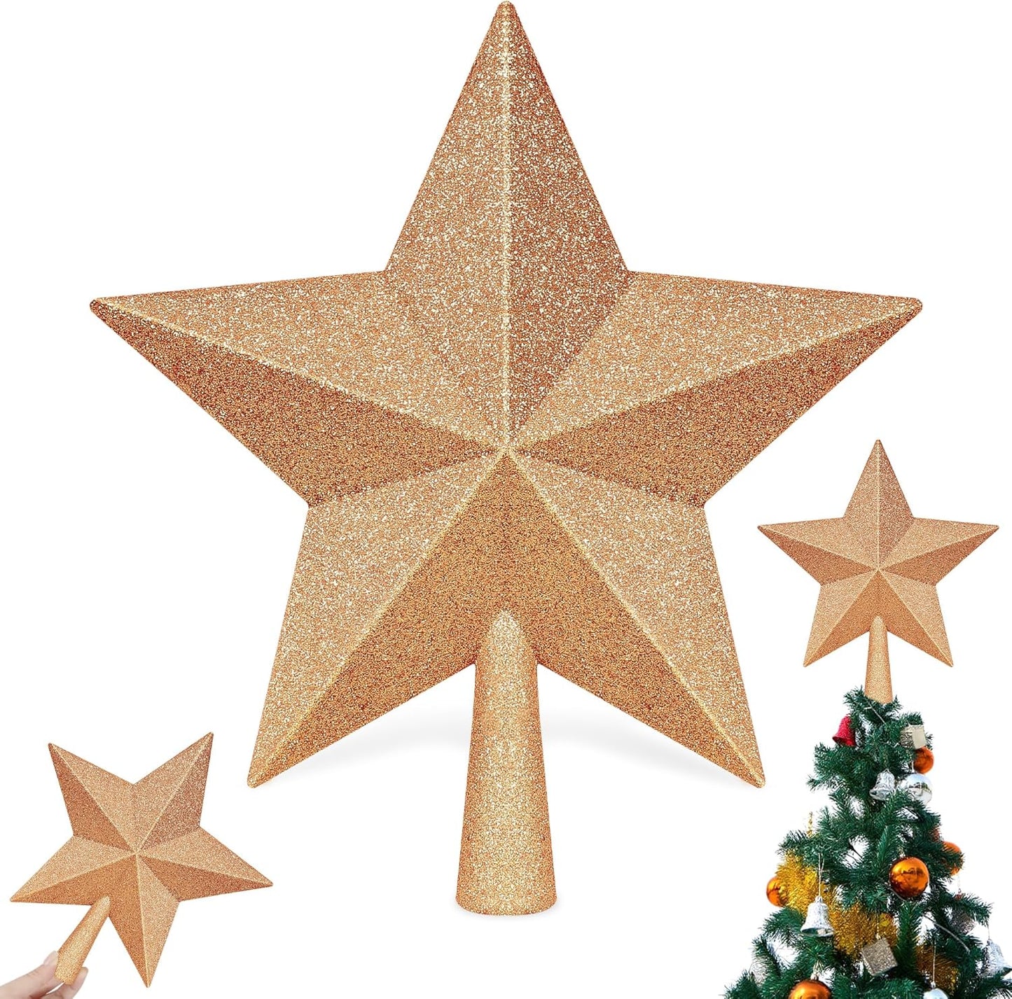 Tree Toppers Christmas Decorations, 10" Champagne Christmas Tree Star Topper, Hard Star Tree Topper Christmas Decorations Glitter Xmas Ornament for Holiday Home Xmas Party Decor Gathering Ornament