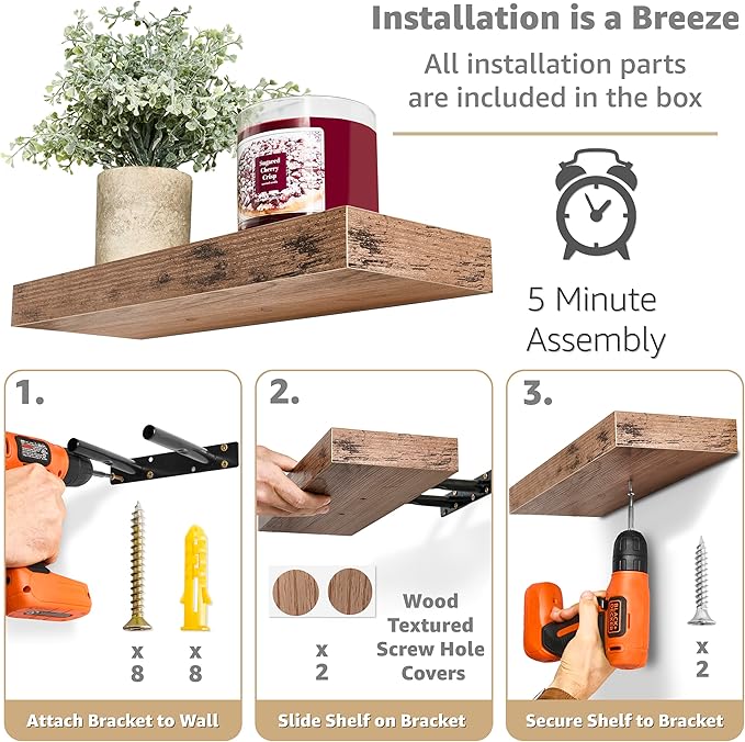 Sorbus Floating Shelves for Wall, Bathroom Shelves Wall Mounted for Kitchen, Bedroom, Bathroom Storage Over Toilet, Hanging Book Shelf for Wall Home Decor Living Room (Mahogany, 3 Pack)