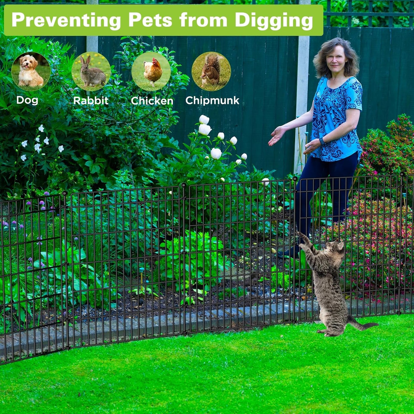 8 Panels No Dig Garden Fence with Gate, 48in(H) × 21ft(L) Decorative Metal Outdoor Dog Fence, Rustproof Pet Fencing for Yard, Patio, Flower Bed -Temporary Fencing| Easy to Install